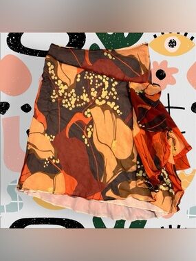 Theory | 100% Silk Y2K Orange and Brown Floral Retro Ruffle Asymmetrical Skirt